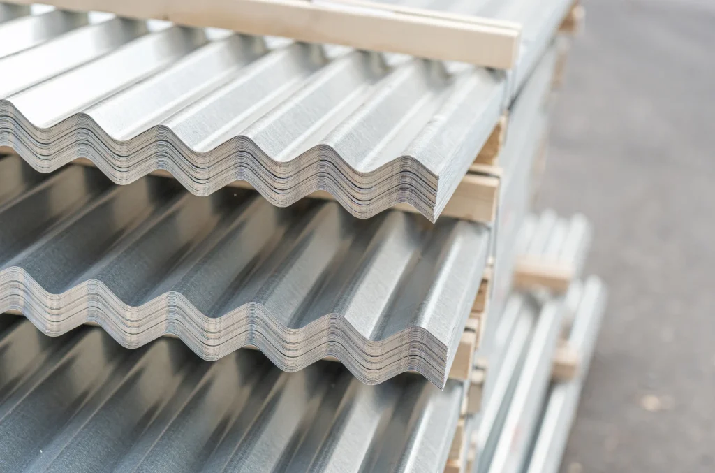 Stack of corrugated metal roofing sheets arranged in a pile.