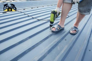 A worker standing on a metal roof while using a power drill to fasten the panels.