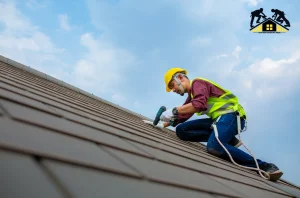 Construction worker in safety gear fastening metal roofing panels on a sloped roof.