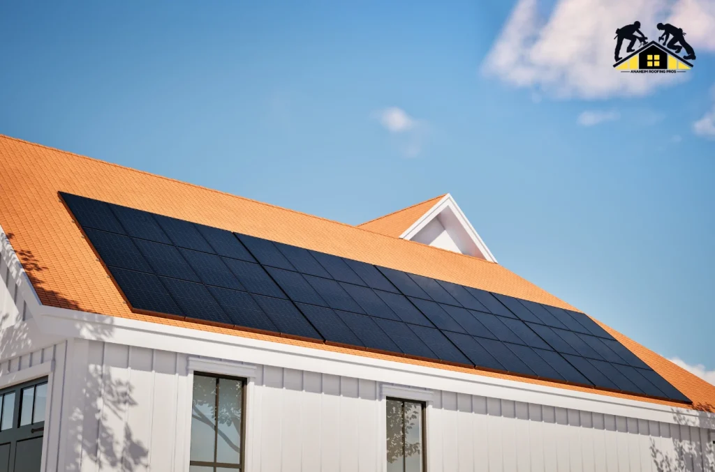 Close-up view of a building with large solar panels mounted on an angled roof under a clear sky.