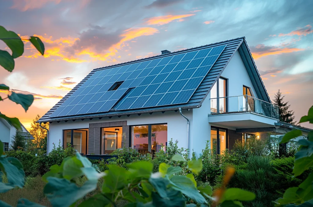 Modern house with solar panels installed on the roof, surrounded by greenery at sunset.