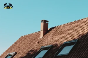 Close-up view of a house roof with reddish-brown tiles under a clear blue sky.