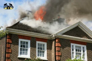 A house with smoke and visible flames coming from the roof during a fire.