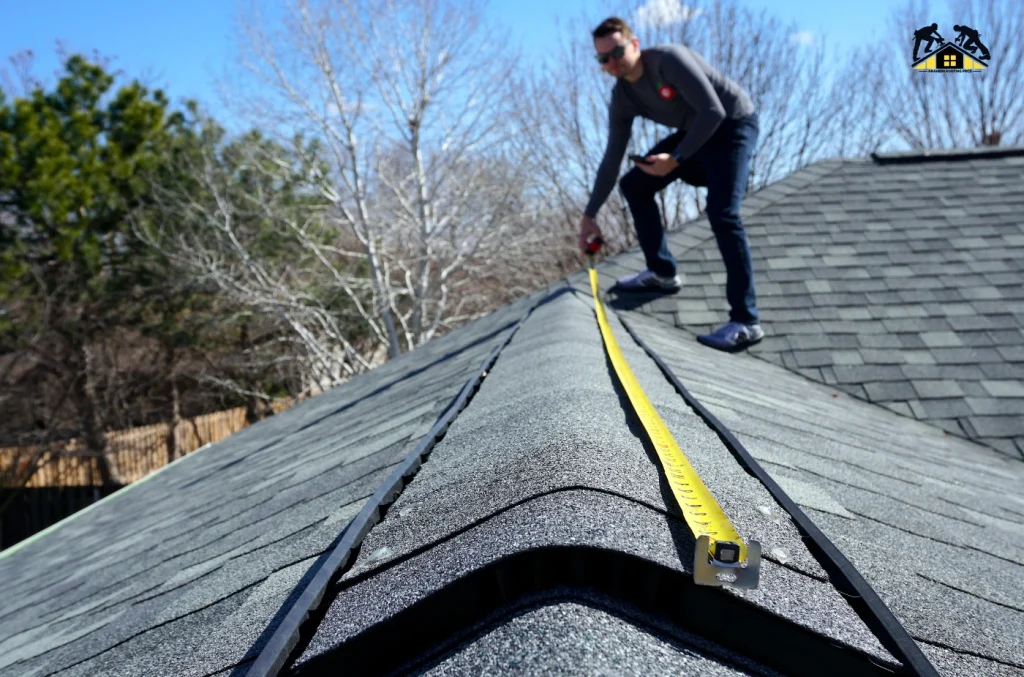 Person standing on a dark sloped roof, measuring or inspecting roofing material with a yellow tape measure on a clear day.
